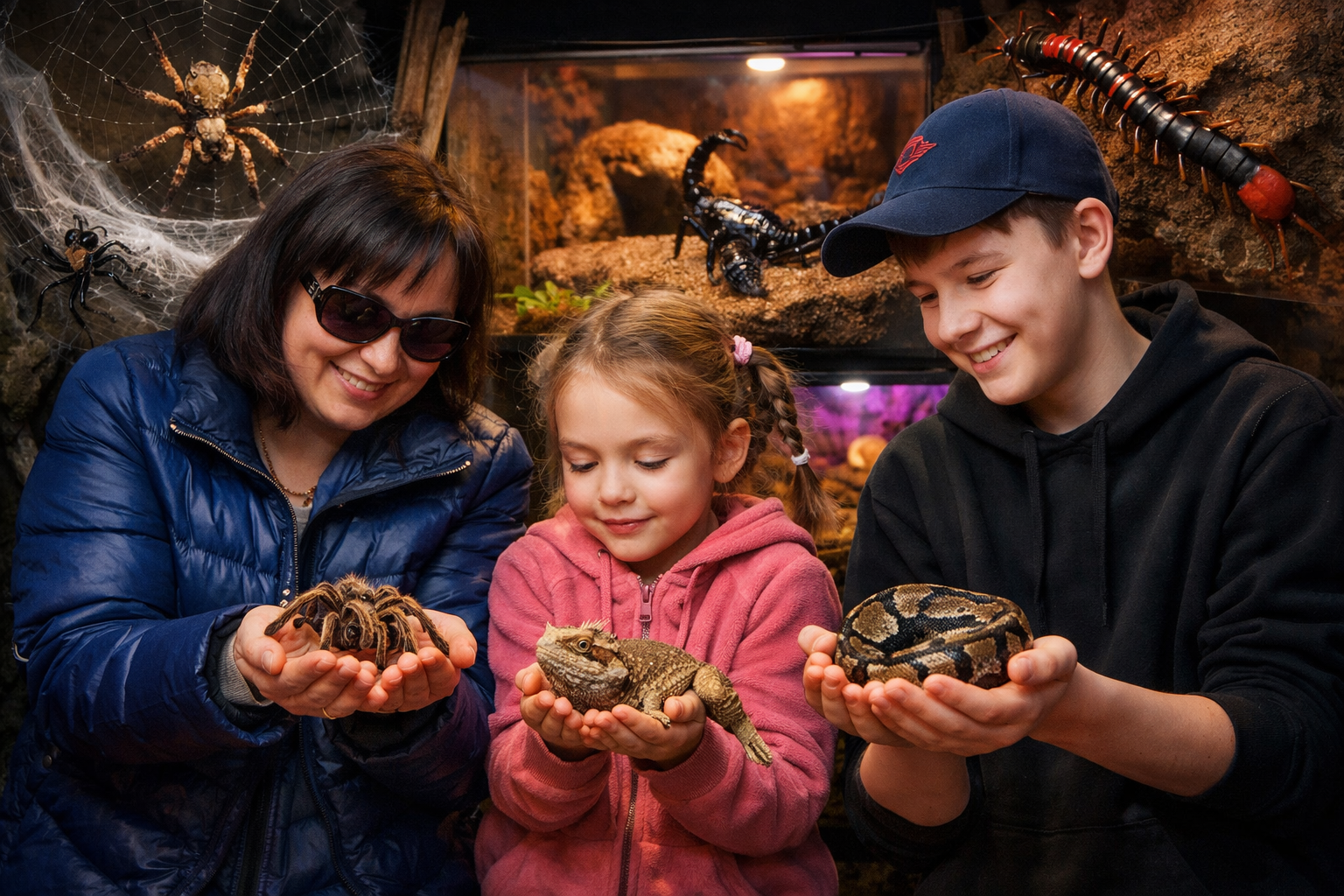 Посетители выставки экзотических животных знакомятся с пауками, рептилиями и другими обитателями террариумов, а самые смелые держат их в руках и с интересом изучают.