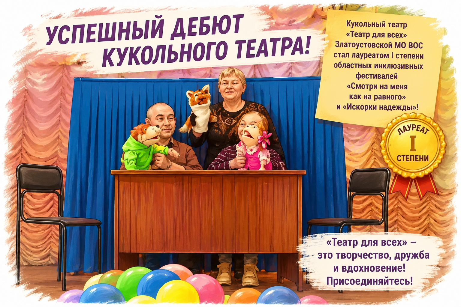 Рисованная афиша: кукольный театр «Театр для всех» с куклами на сцене, крупная надпись об успешном дебюте и том, что театр стал лауреатом I степени инклюзивных фестивалей; внизу приглашение присоединиться.
